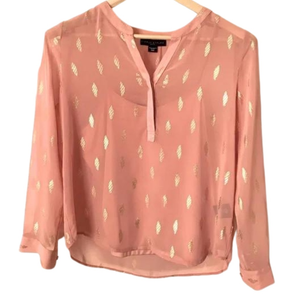 Simply Styled Sheer Pink with Gold Foil Long Sleeved Chiffon Blouse Cami
